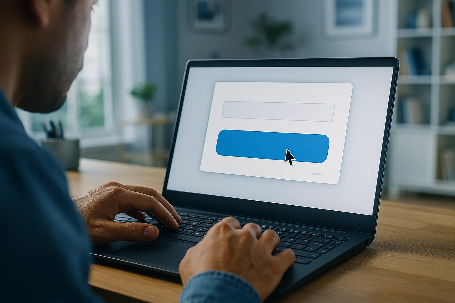 Person at a laptop looking at a confusing email subscription consent screen with a highlighted accept button and a barely visible decline option, representing dark patterns in email consent design