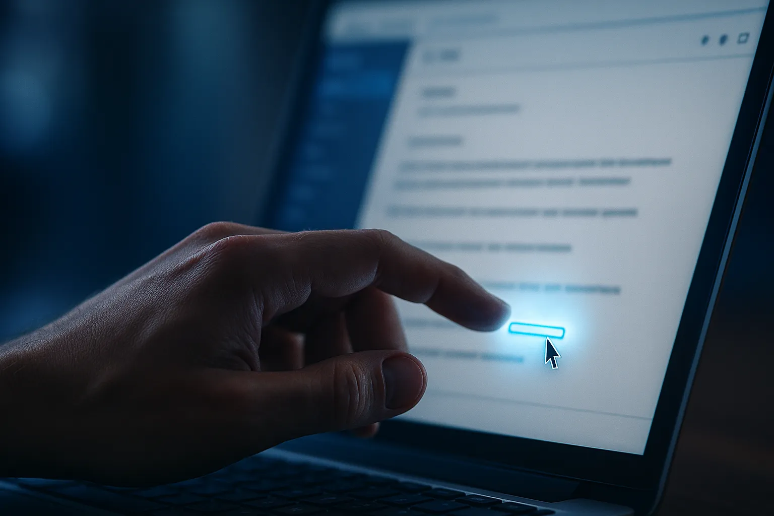 Close-up of a hand hovering a cursor over a hyperlink in an email client, with a status bar showing a long redirect URL instead of the real destination