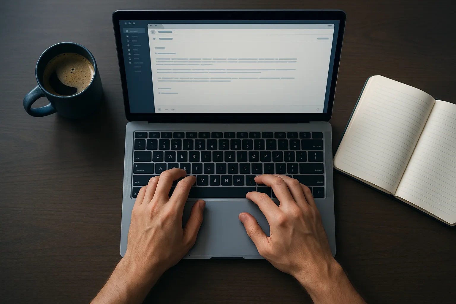 An overhead view of hands typing on a laptop with a coffee cup and open notebook on a desk in warm daylight