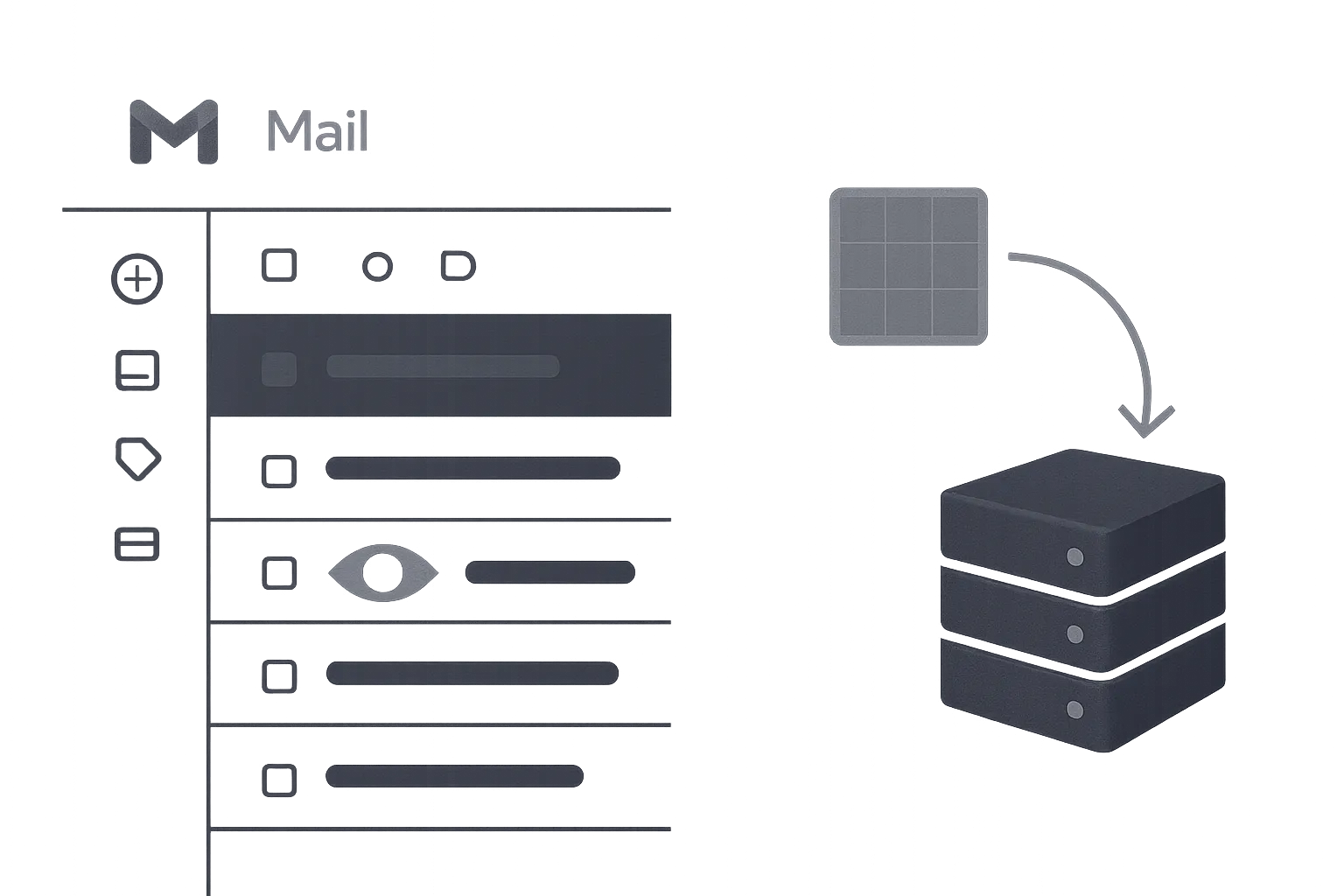 Split-screen showing a Gmail inbox with a tracker overlay on one email and a magnified 1x1 tracking pixel with an arrow pointing to an external server, illustrating how email trackers phone home silently
