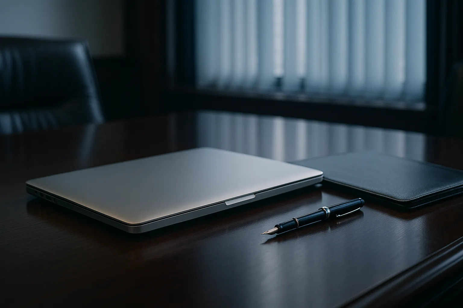 A closed silver laptop on a polished dark wood conference table in a quiet law office, a leather portfolio folder and a fountain pen beside it, soft daylight through tall window blinds, indigo and deep blue ambient color grading