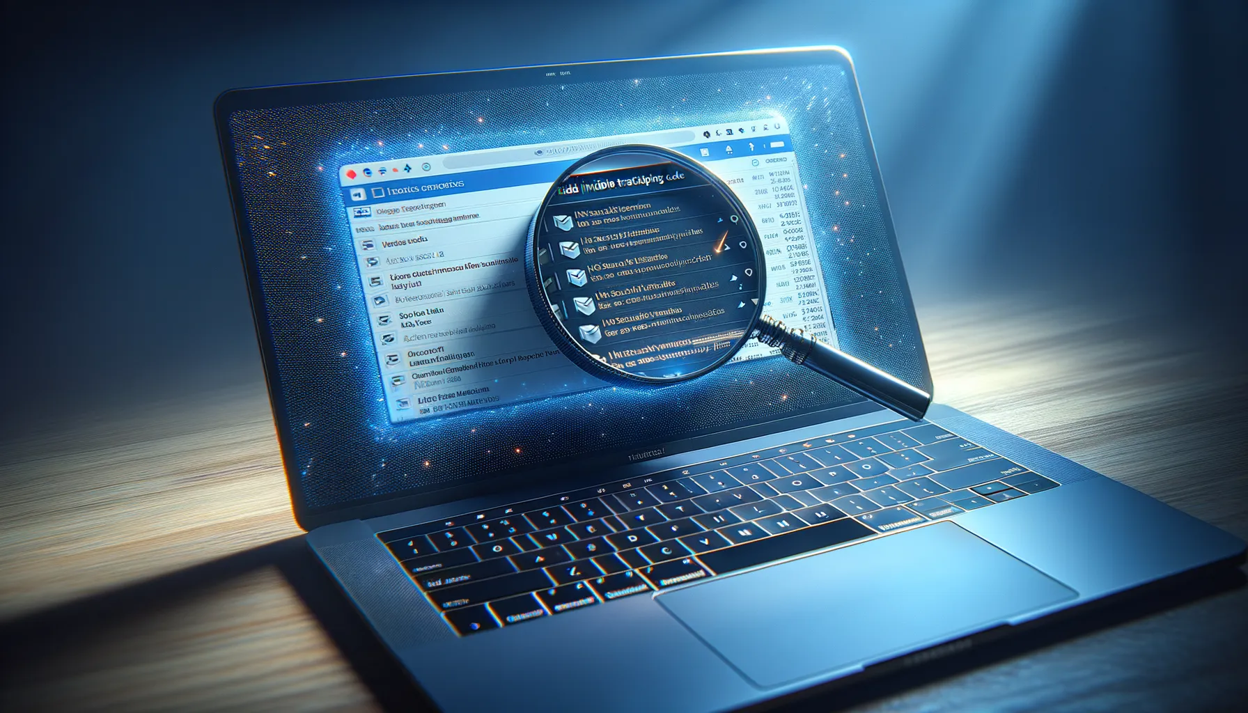Close up of an email inbox on a laptop screen with hidden tracking codes being revealed under magnification