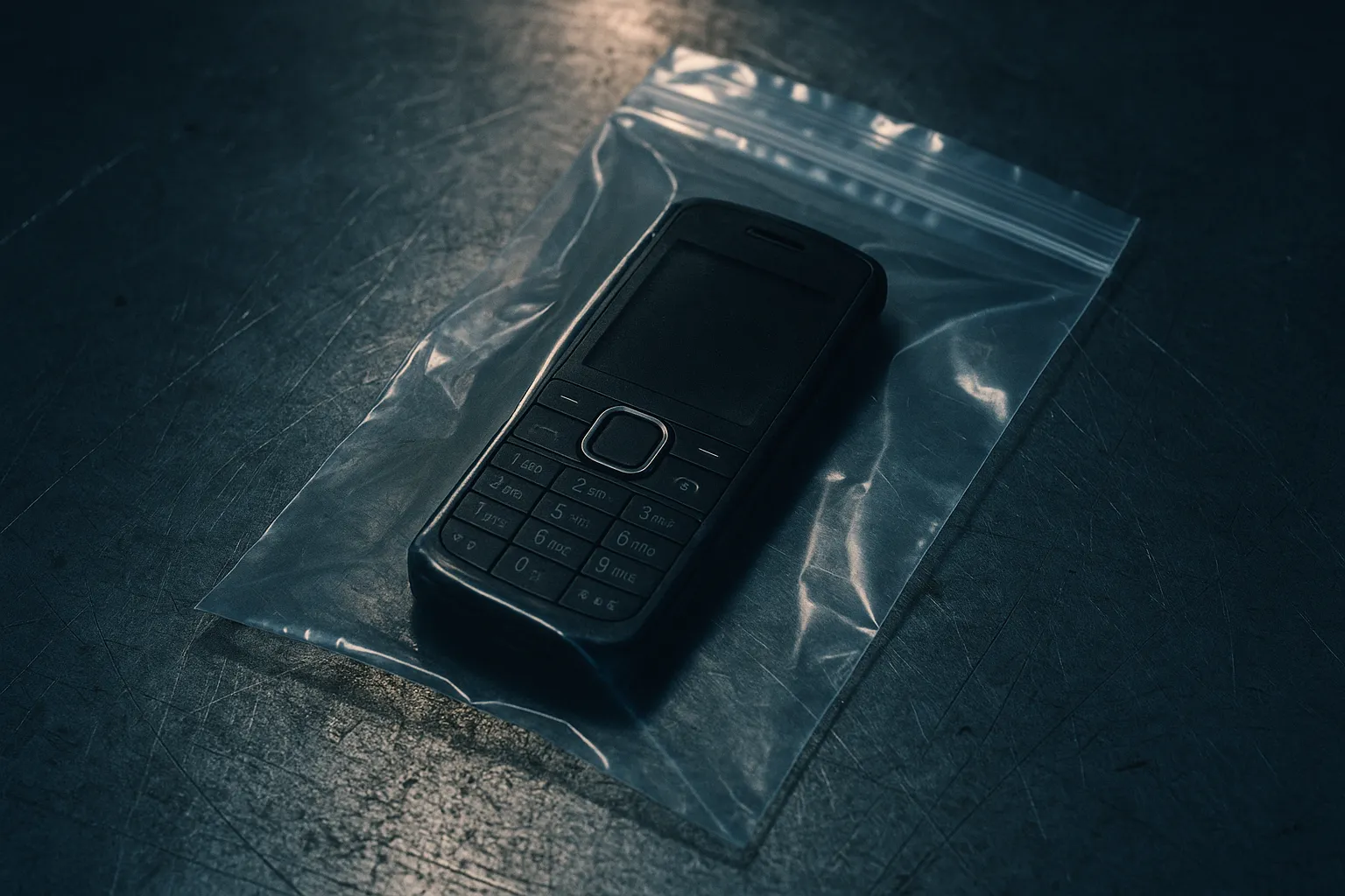 An old black mobile phone with a physical keypad sealed inside a clear plastic evidence bag on a scuffed metal table under a single overhead light, representing seized encrypted handsets used as criminal evidence