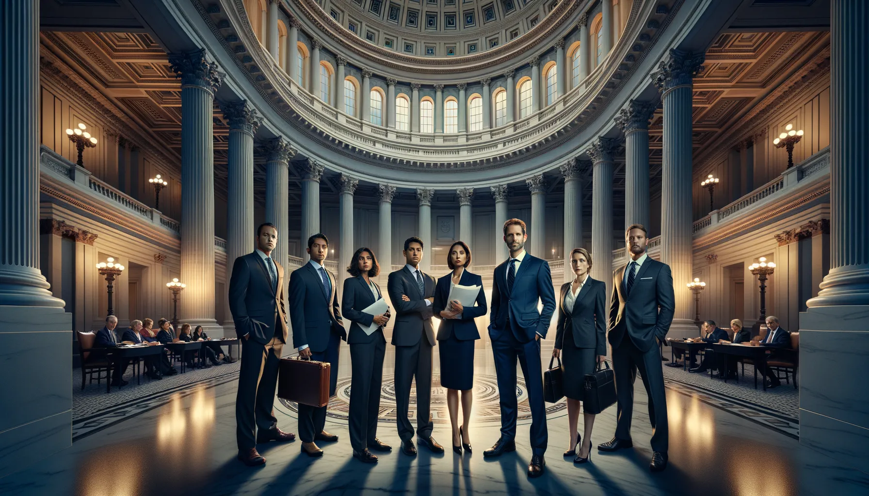 A United States state capitol building interior with corporate lobbyists in suits standing in the rotunda, symbolizing Big Tech influence over privacy legislation