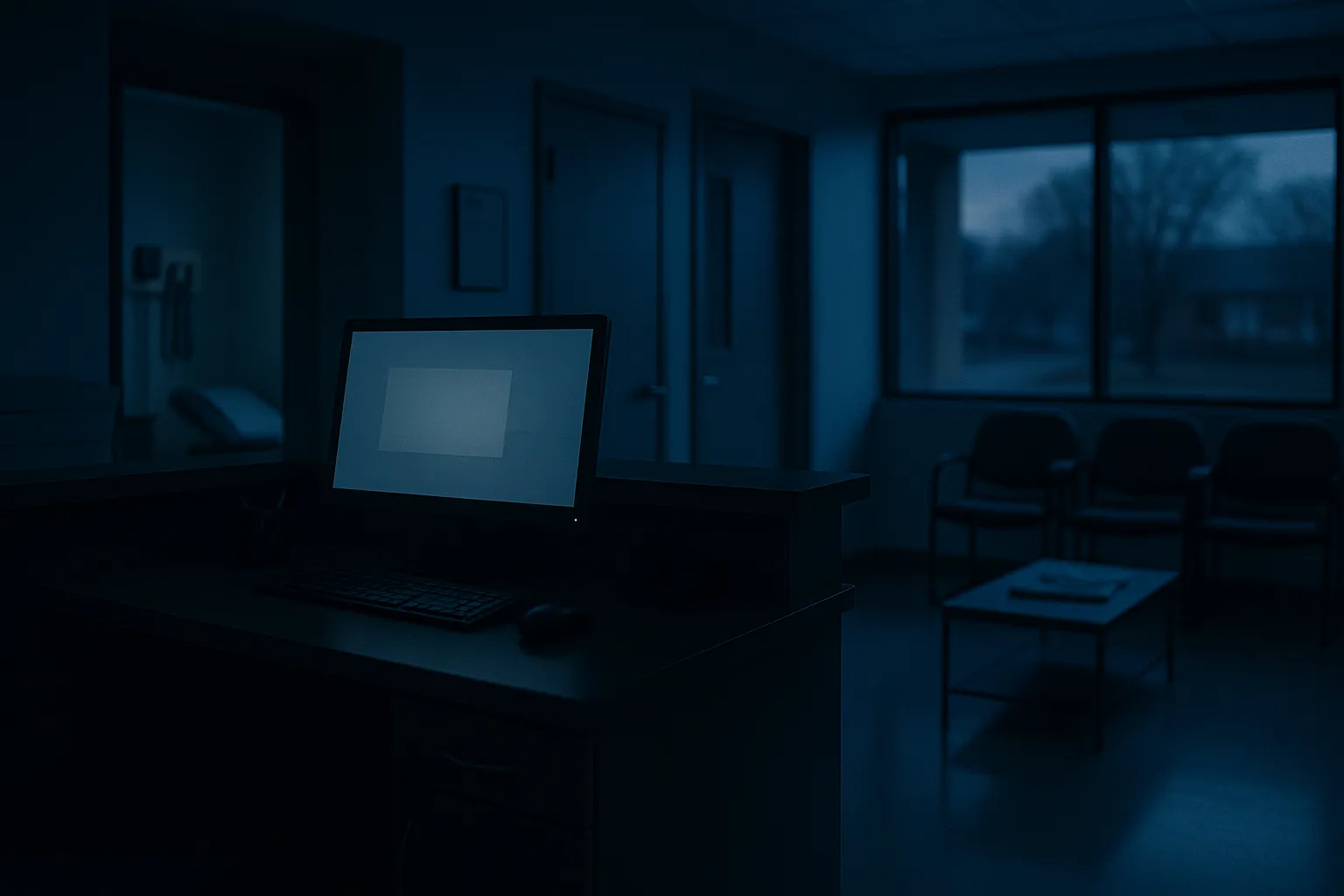 A quiet medical clinic reception desk at dusk with empty waiting chairs and a single computer monitor glowing dimly, indigo and blue ambient light filling the lobby