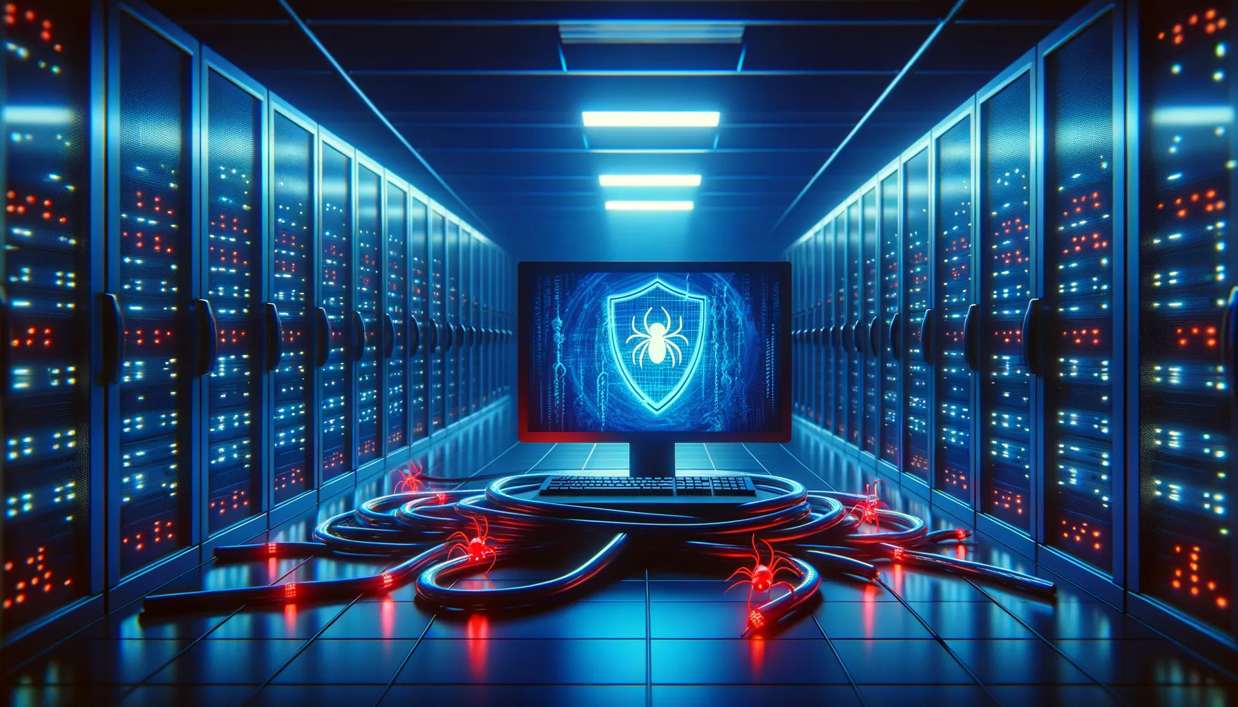 Server room with corrupted antivirus shield showing supply chain compromise