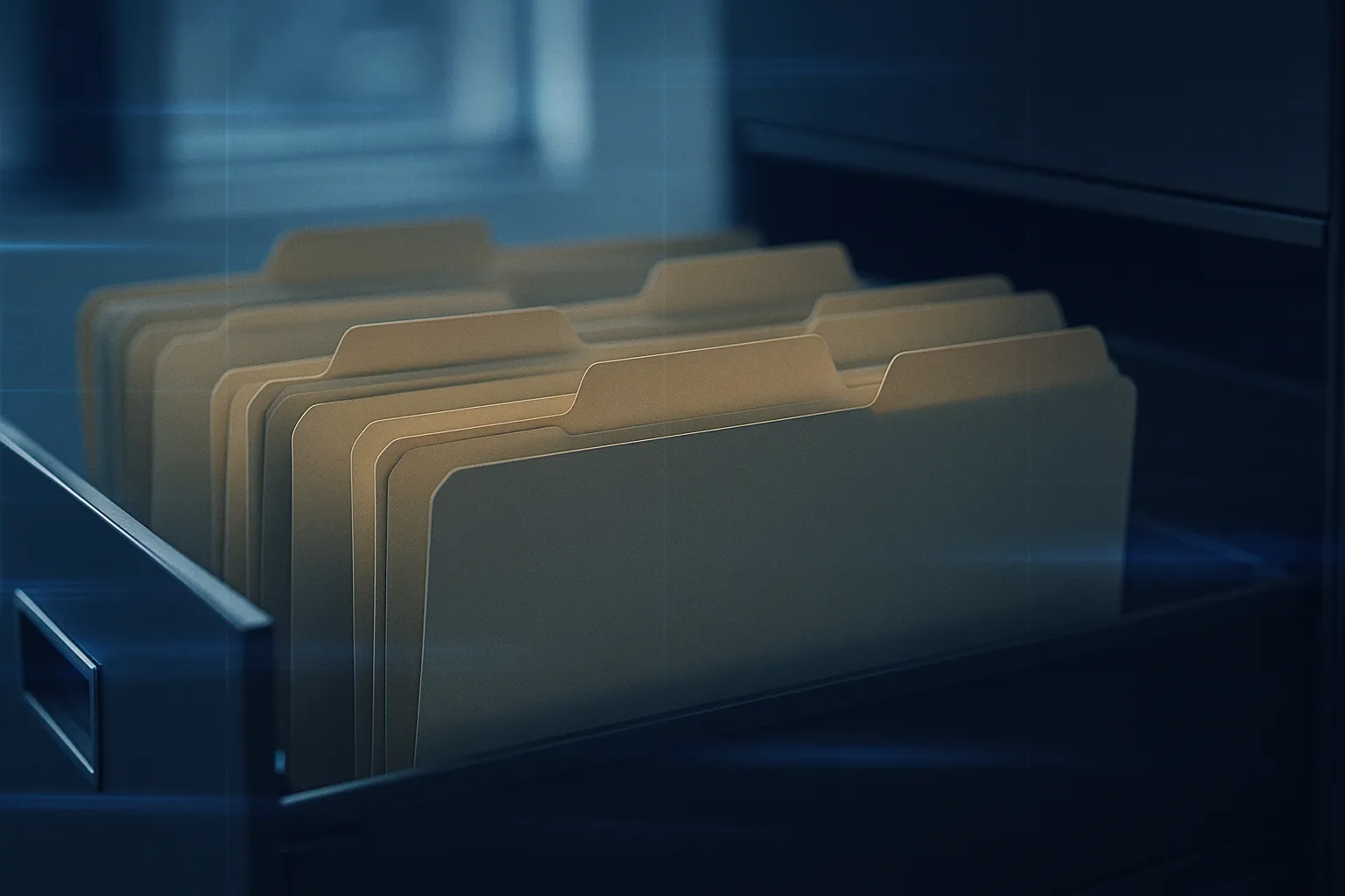 Blank document folders in a dim office filing cabinet drawer with a subtle digital overlay, representing the Estée Lauder Oracle E-Business Suite data breach