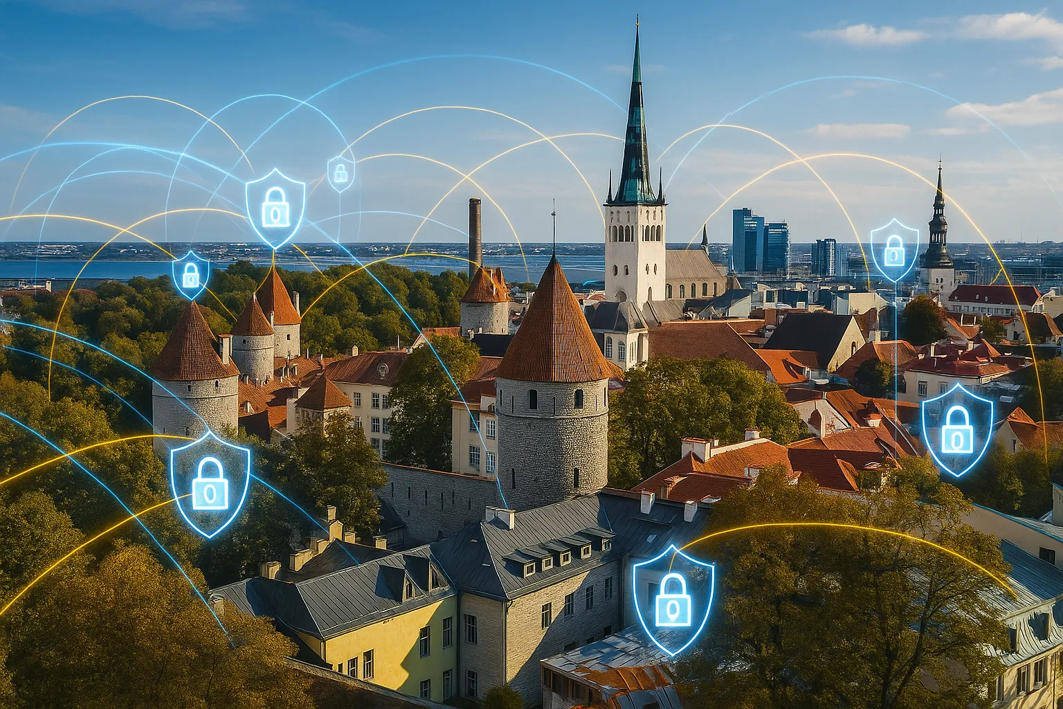 Aerial view of Tallinn Estonia old town with digital network and cybersecurity overlays representing Estonia's frontline digital defense posture