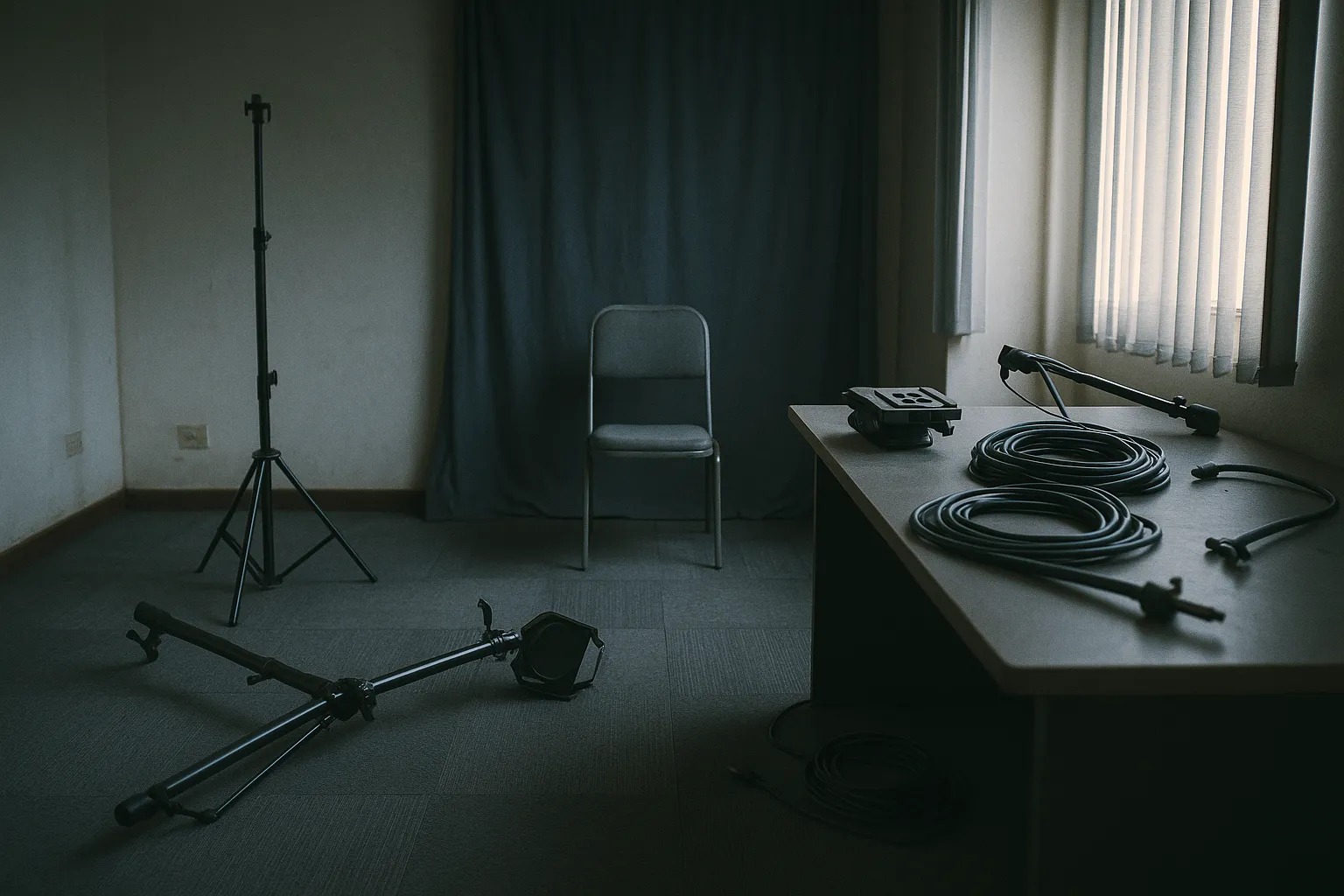 Empty newsroom studio with toppled light stands, bare tripod mounts and disconnected cables after an equipment seizure