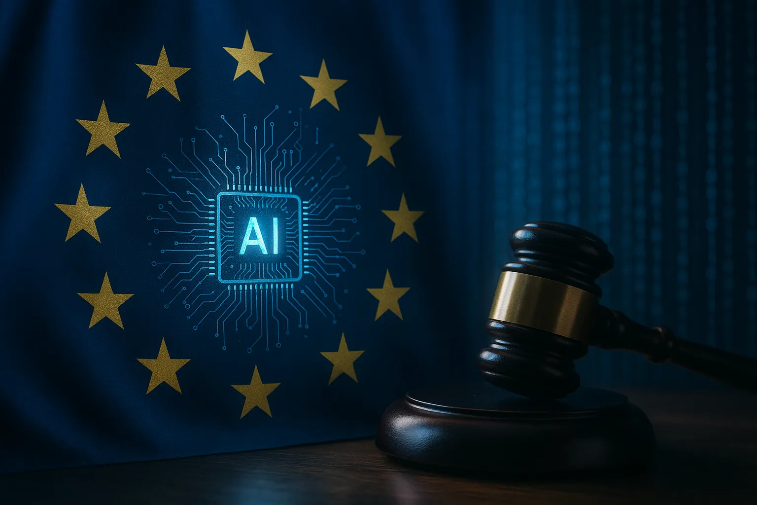 European Union flag stars arranged around a glowing digital circuit board representing AI regulation, with a courtroom gavel