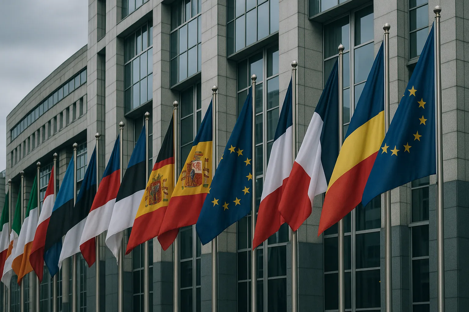 An editorial photograph of a Brussels style government building's facade with a row of EU and member state flags against an overcast sky, representing the European Commission's release of long delayed AI compliance guidance