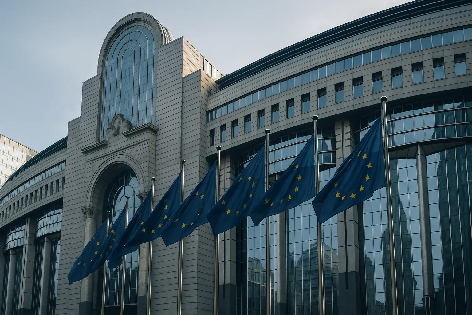 Editorial photograph of a European Union institutional building facade in Brussels with EU flags, representing upcoming EU digital regulation