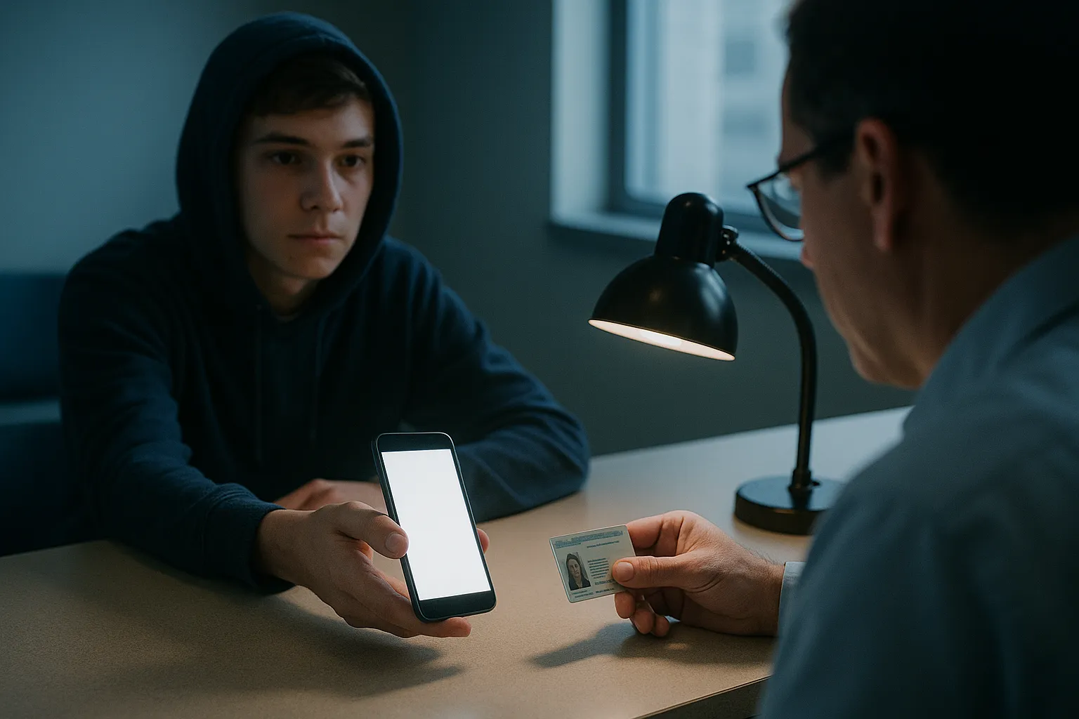 A teenager holding a phone at a government service counter while an official inspects an identity document, illustrating the identity cost of EU KIDS Act age verification