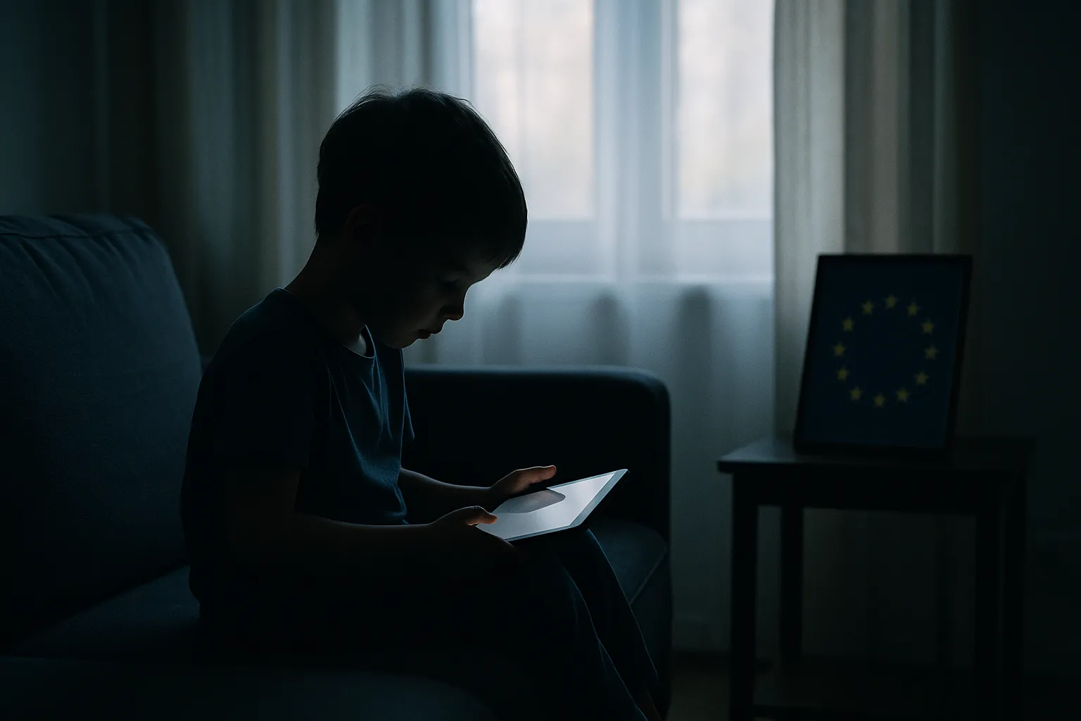 A young child sitting on a couch holding a tablet, illuminated by soft afternoon light, with a faint EU flag visible nearby suggesting institutional oversight of platform child safety
