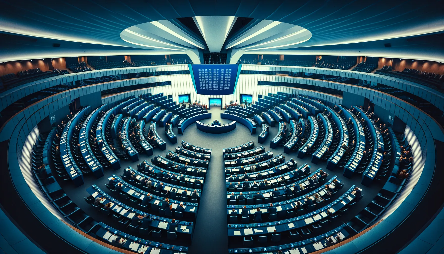 European Parliament hemicycle in Brussels during a historic vote with electronic voting display