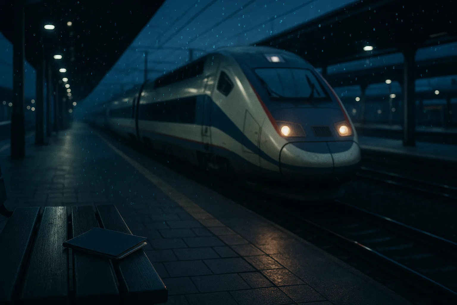 A European train station platform at dusk with digital data particles floating in the air