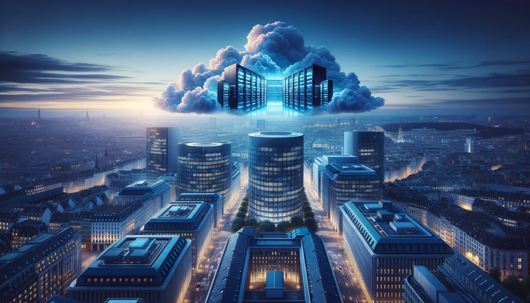 European Commission building in Brussels at twilight with cloud server overlay representing cloud infrastructure