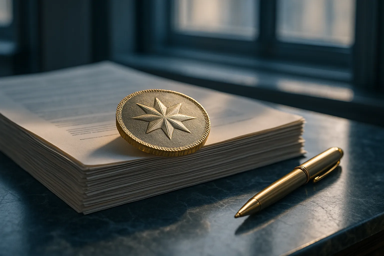 A circular metal foil stamp with embossed star pattern resting on a stack of legal documents on a marble desk in a sunlit office
