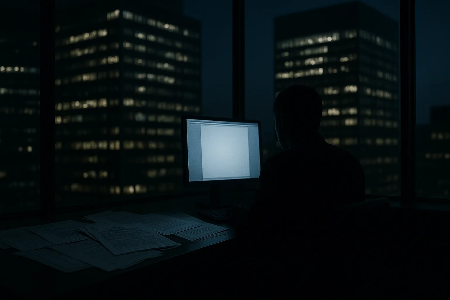 A dark office with two bank buildings reflected in glass and a shadowy figure at a computer terminal, representing the Everest ransomware breach of Citizens Bank and Frost Bank