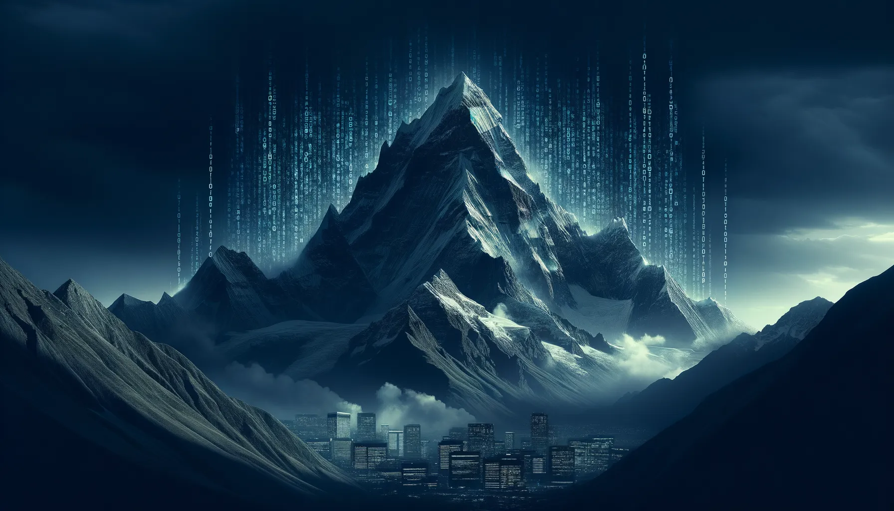 Dark mountain peak with digital code representing Everest ransomware threat to corporations