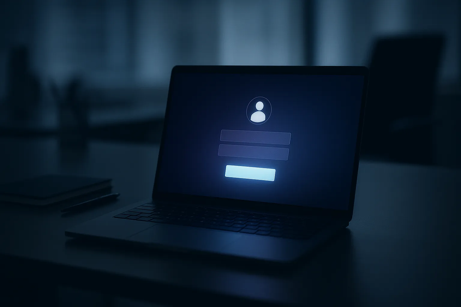 Laptop screen showing a Microsoft sign in interface in a darkened office with soft blue light, representing an OAuth consent phishing attack on Microsoft 365
