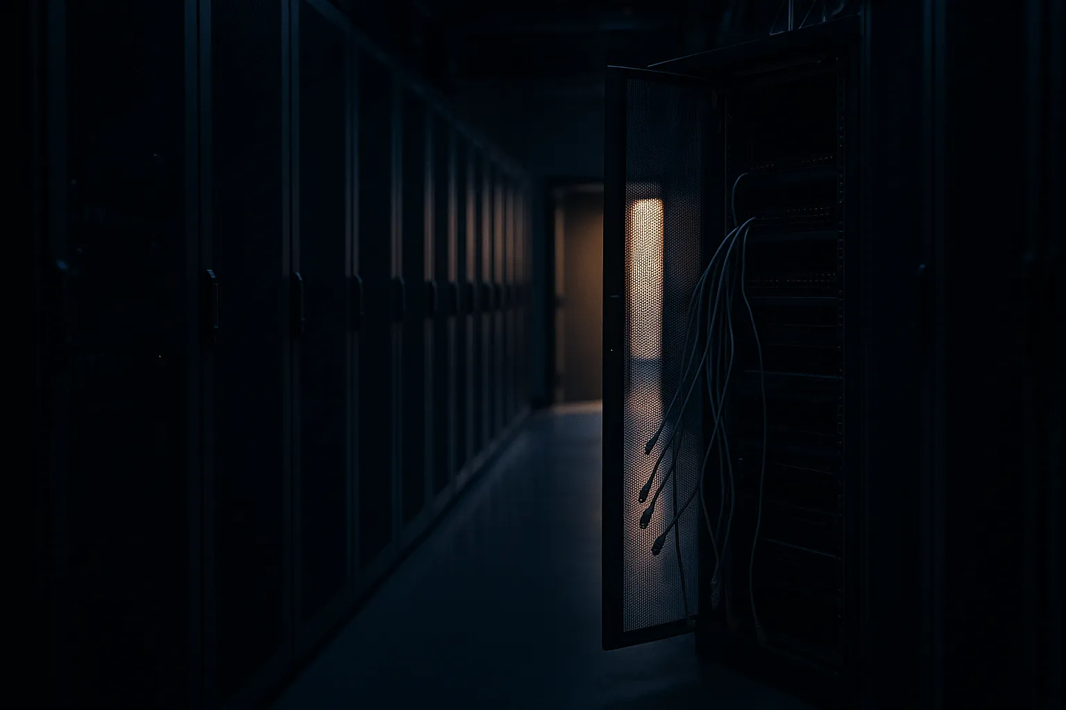 A darkened server room aisle with one rack cabinet door open and network cables hanging disconnected, lit by evening light, suggesting a recent raid