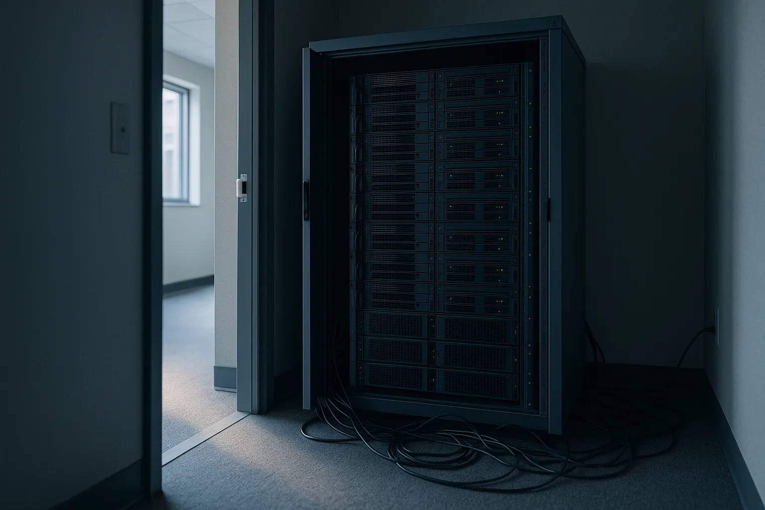 A small on premises server closet in an ordinary office building, one rack of mail servers with faint status lights and the door left slightly ajar