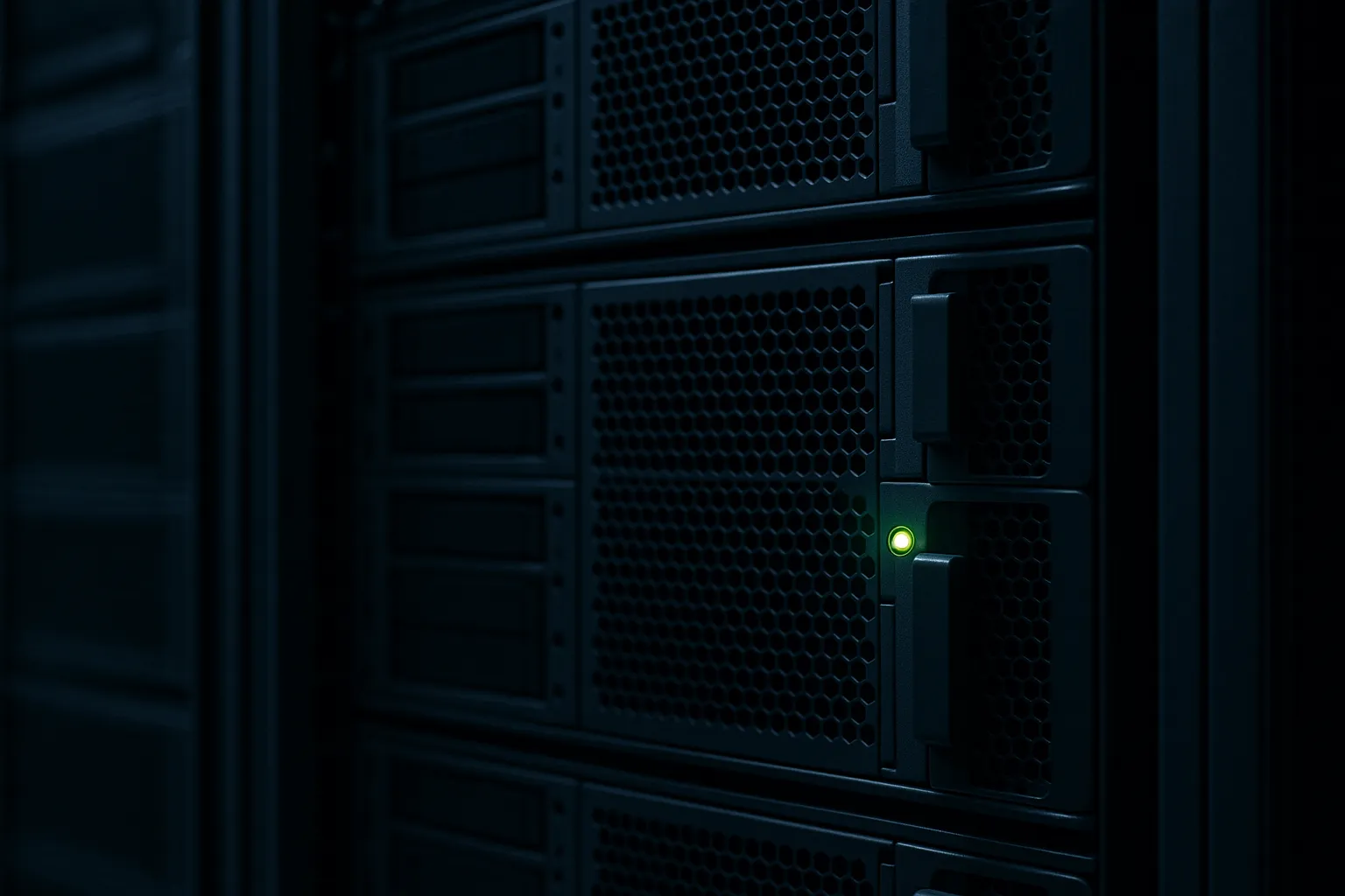 A blade server in an enterprise data center rack with a single green diagnostic LED illuminated, the surrounding hardware in shadow