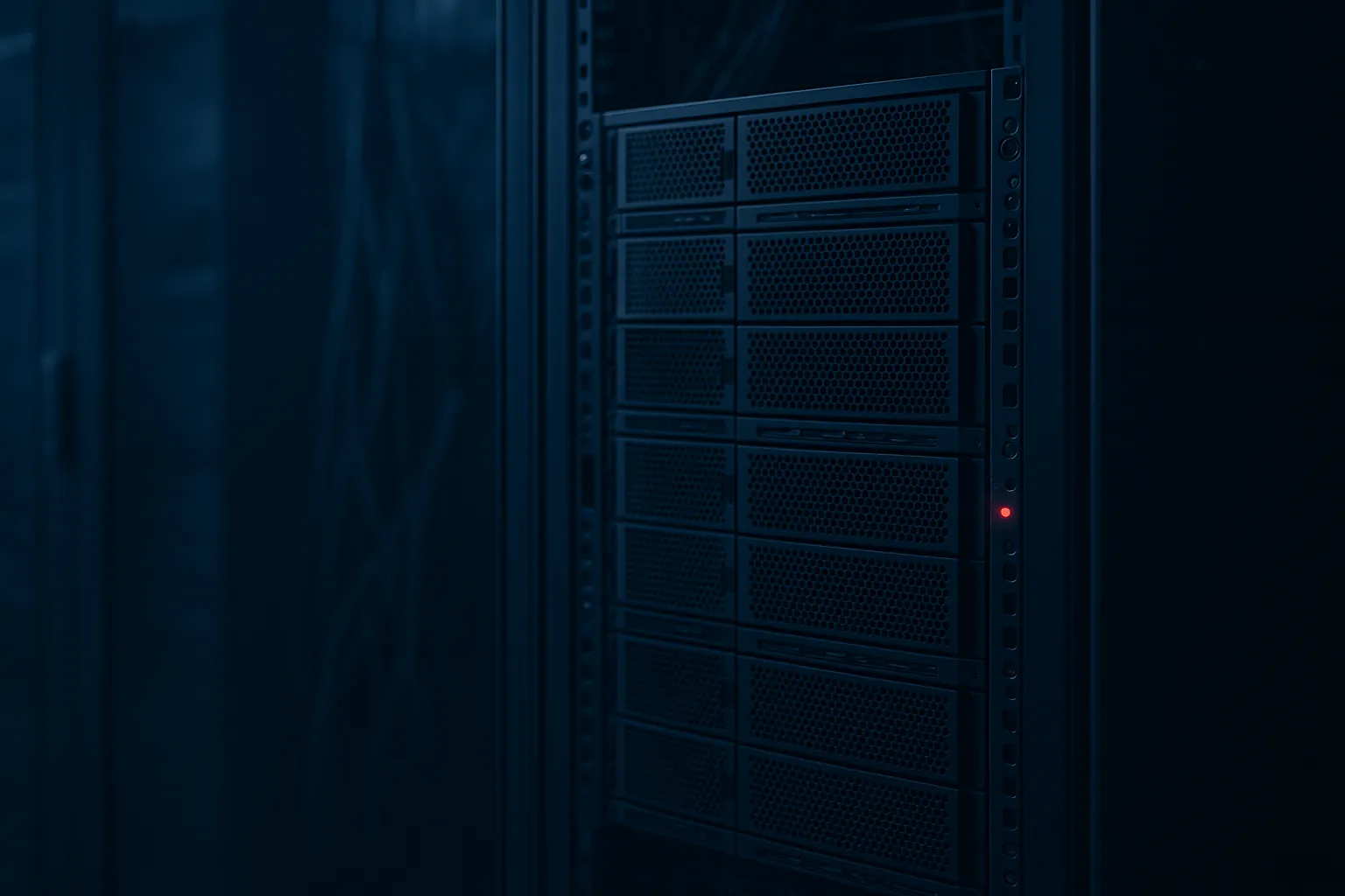 Dimly lit server room rack with a single mail server highlighted by a soft red warning indicator, representing Exim mail servers vulnerable to the Dead.Letter use-after-free bug