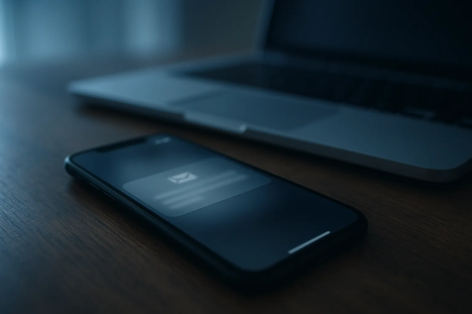 A smartphone resting on a wooden desk in soft natural daylight, displaying a blurred email notification preview with a faint envelope icon