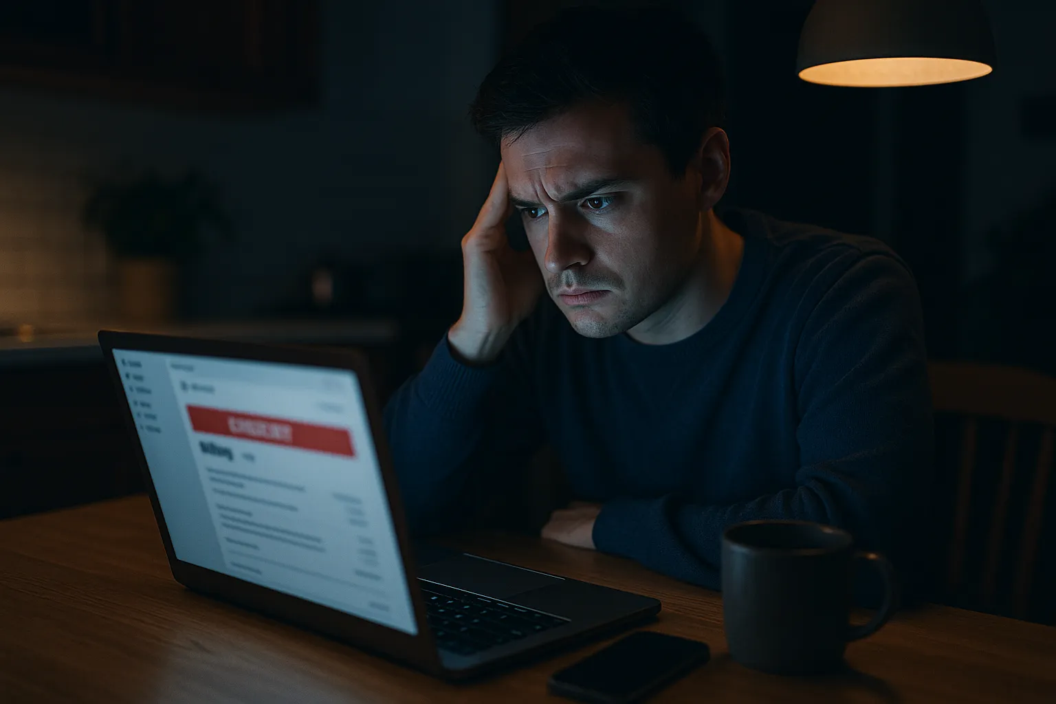 A person at a kitchen table at night frowning at a laptop showing an urgent billing email with a red warning banner, a smartphone lying beside the laptop