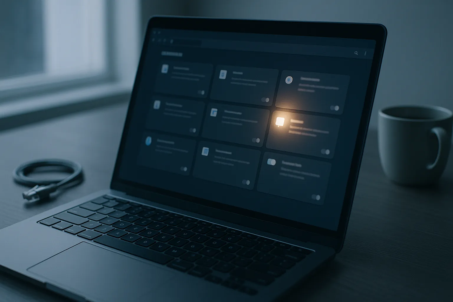 A laptop on a grey desk showing a browser extensions management page listing many small extension tiles, lit by soft window light