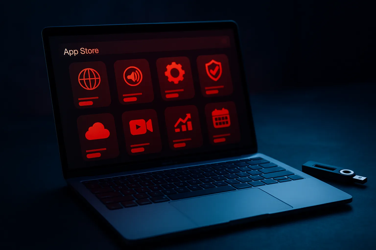 A MacBook laptop displaying an app store page next to a hardware crypto wallet device, with cool blue ambient lighting suggesting digital danger