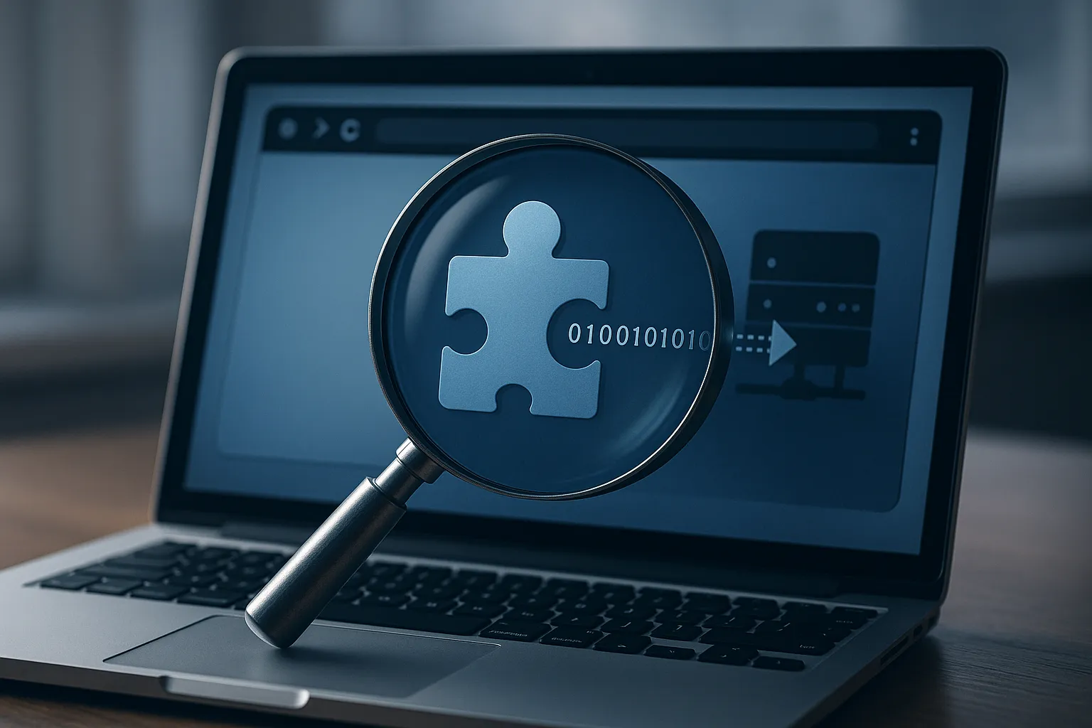 A laptop showing a browser with a suspicious extension icon and data being intercepted in the background