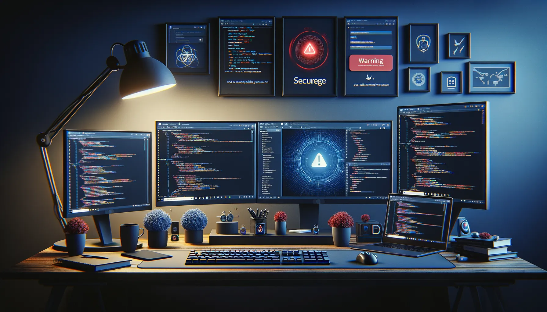 Developer workspace with monitors showing GitHub code repositories and a suspicious security alert