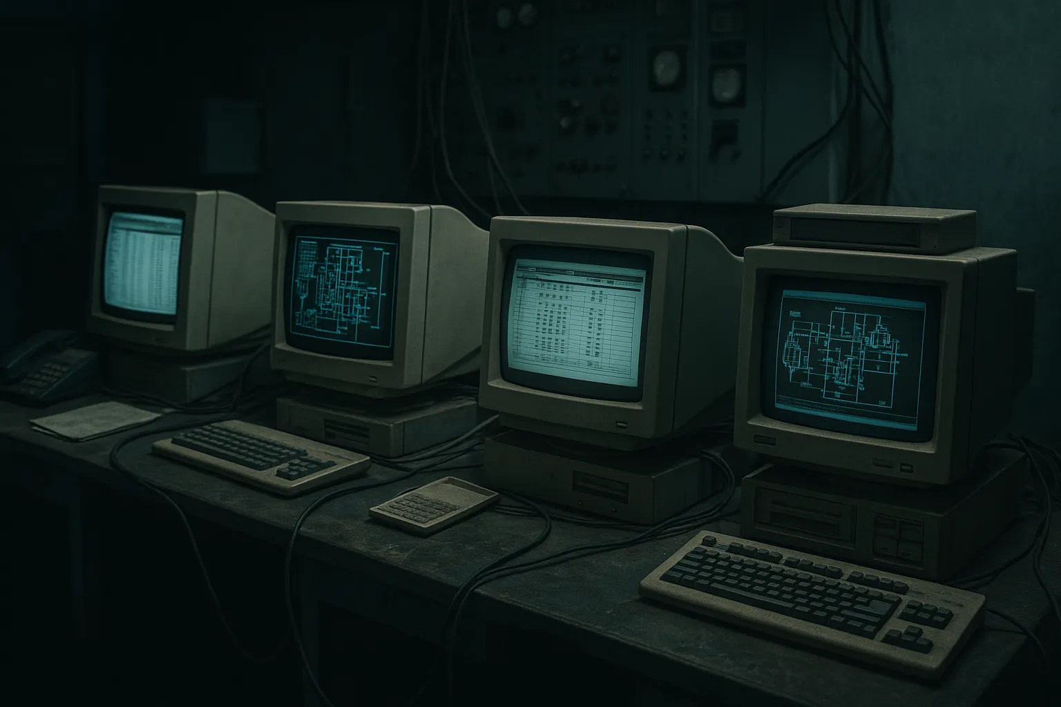 Aging industrial control room with CRT monitors displaying engineering software, symbolizing early cyber sabotage operations
