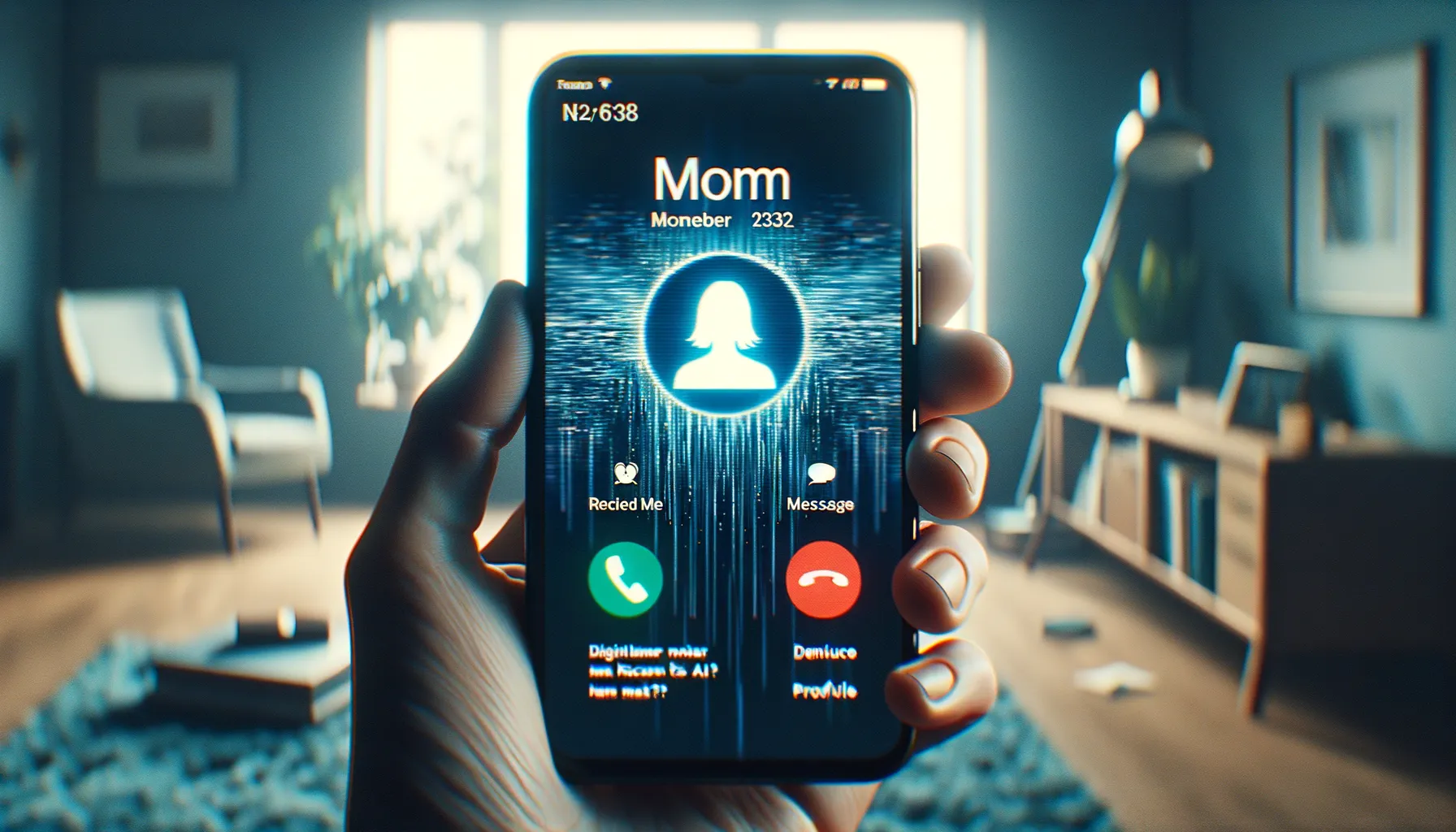 Smartphone showing incoming call with caller ID, subtle digital distortion suggesting AI generated fake call