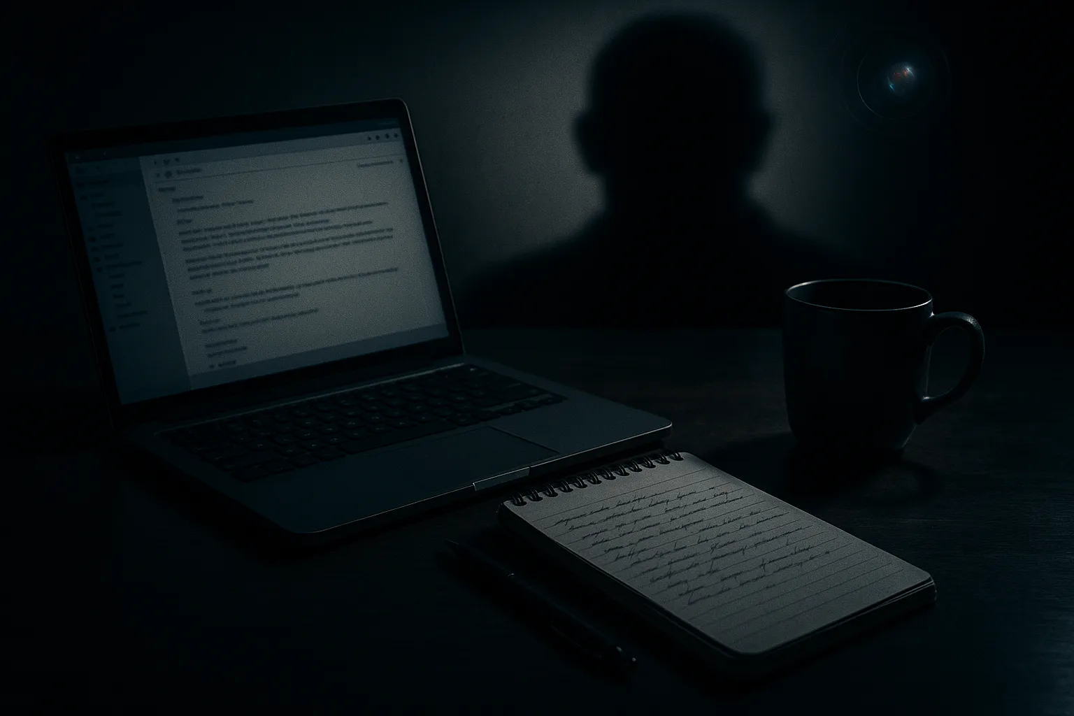 Journalist's desk with laptop and notepad, a dark surveillance shadow cast across the scene suggesting covert government monitoring