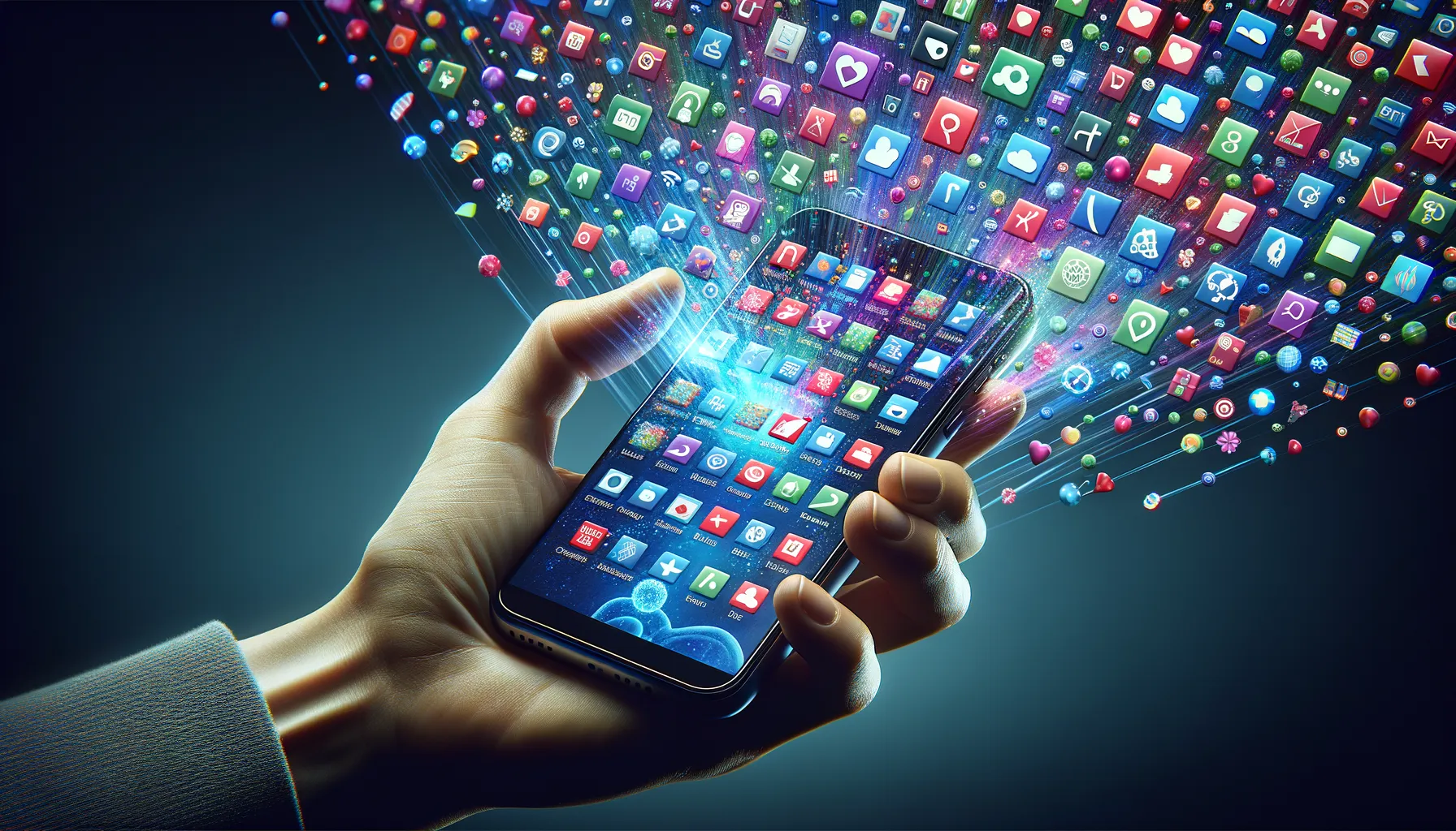 Hands holding a smartphone displaying various colorful app icons with a subtle translucent data flow overlay