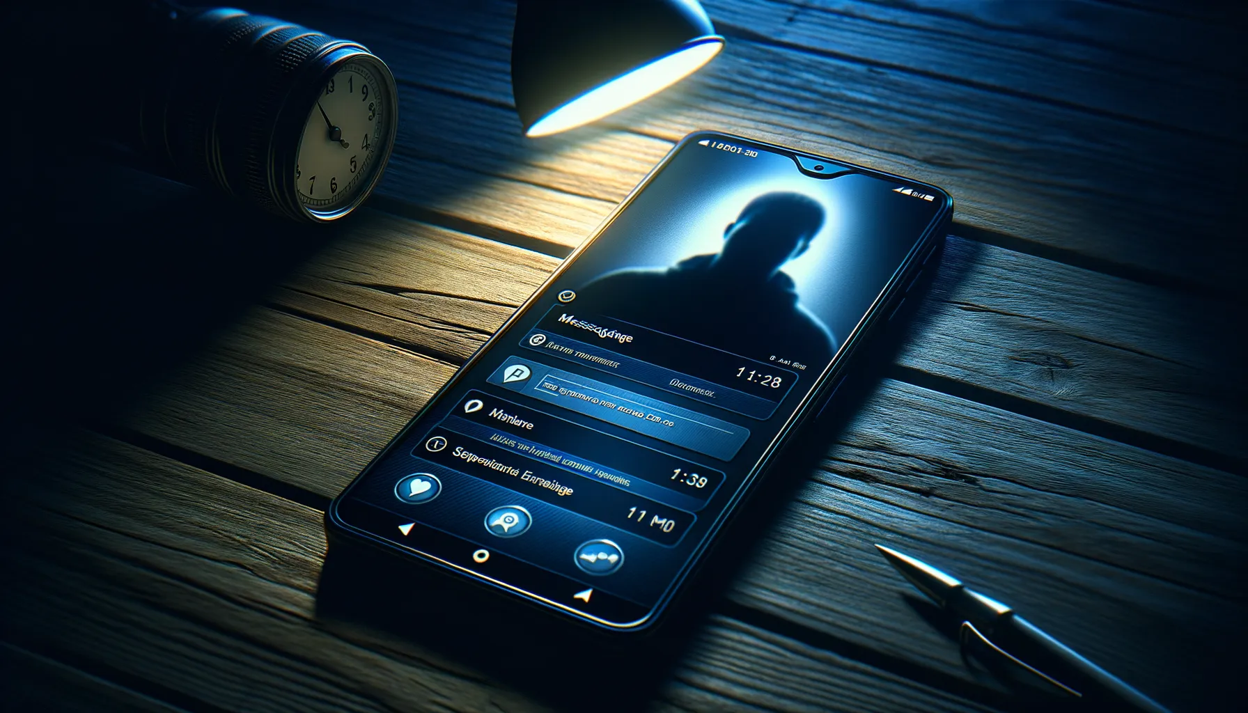 Smartphone showing messaging app on wooden table with shadowy reflections suggesting surveillance