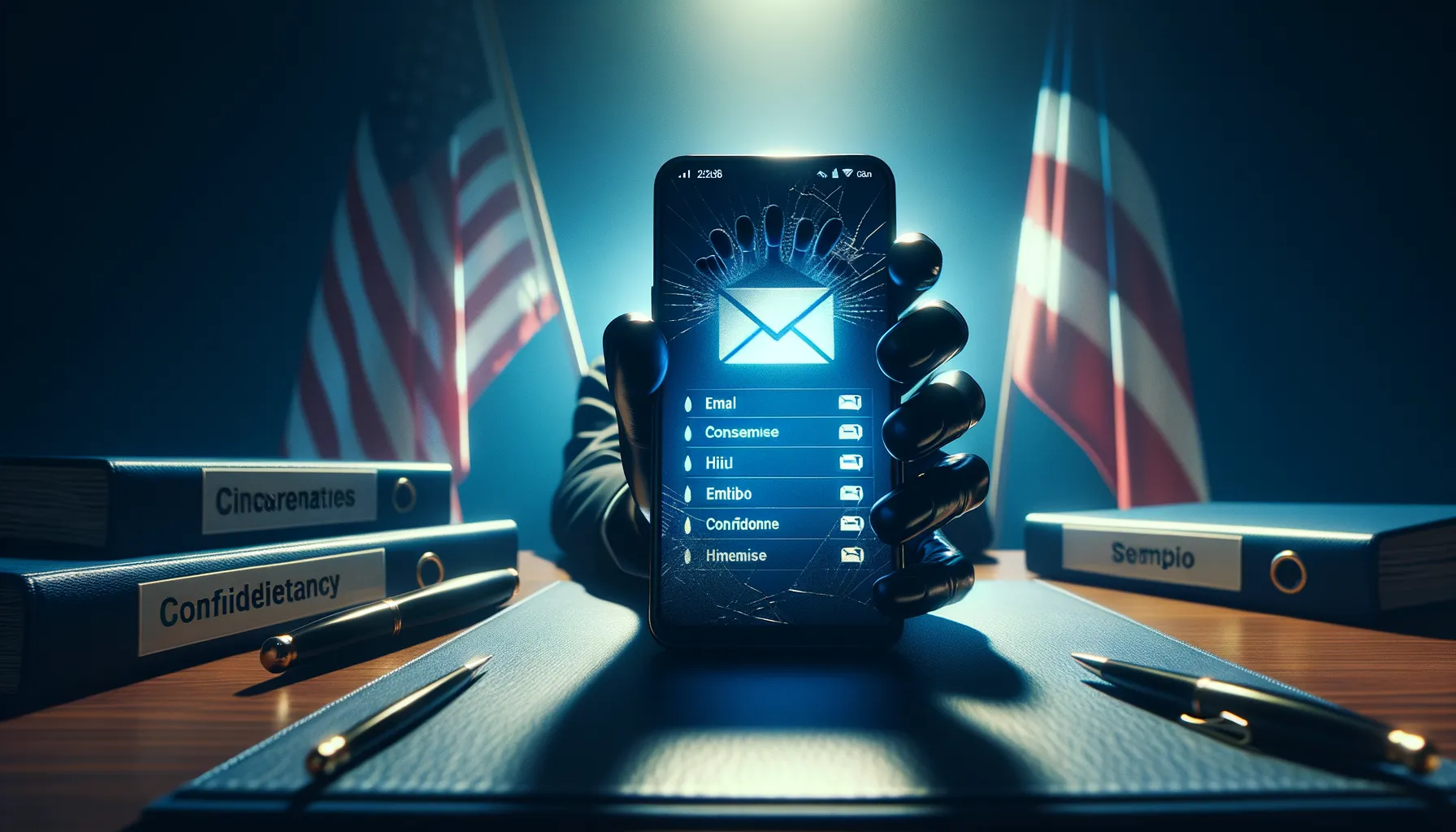 Cracked smartphone screen showing a Gmail inbox on a government desk with American flag in the background
