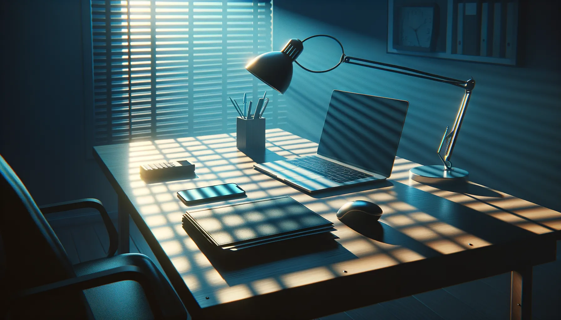 Home office desk at dawn with closed laptop and smartphone casting long shadows, suggesting surveillance