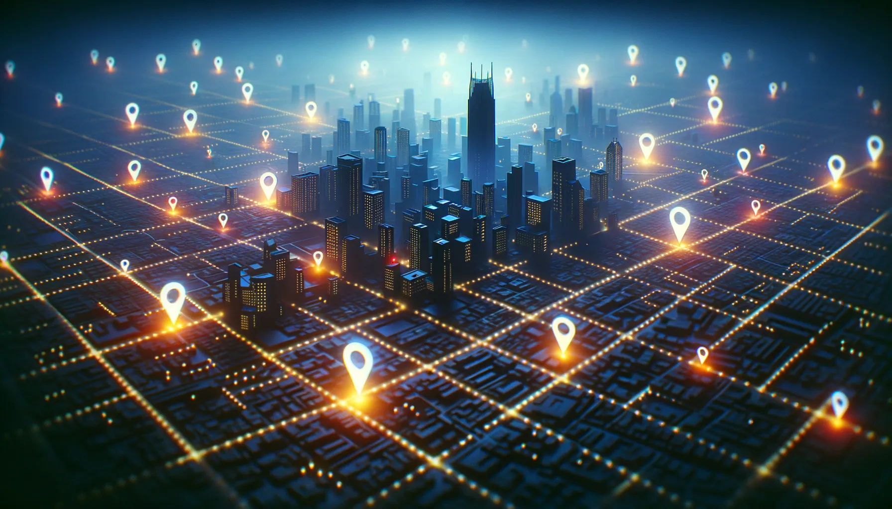 An overhead view of a city map with glowing location pins scattered across it and a government building in the background representing warrantless location tracking