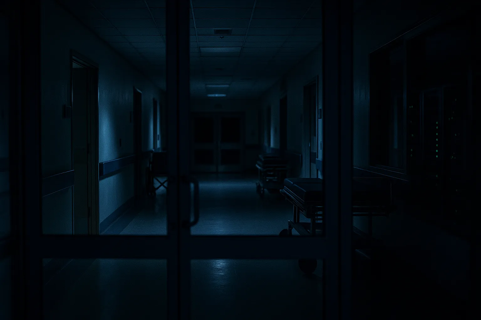 Hospital corridor with dim emergency lighting, symbolizing healthcare systems disrupted by ransomware attacks