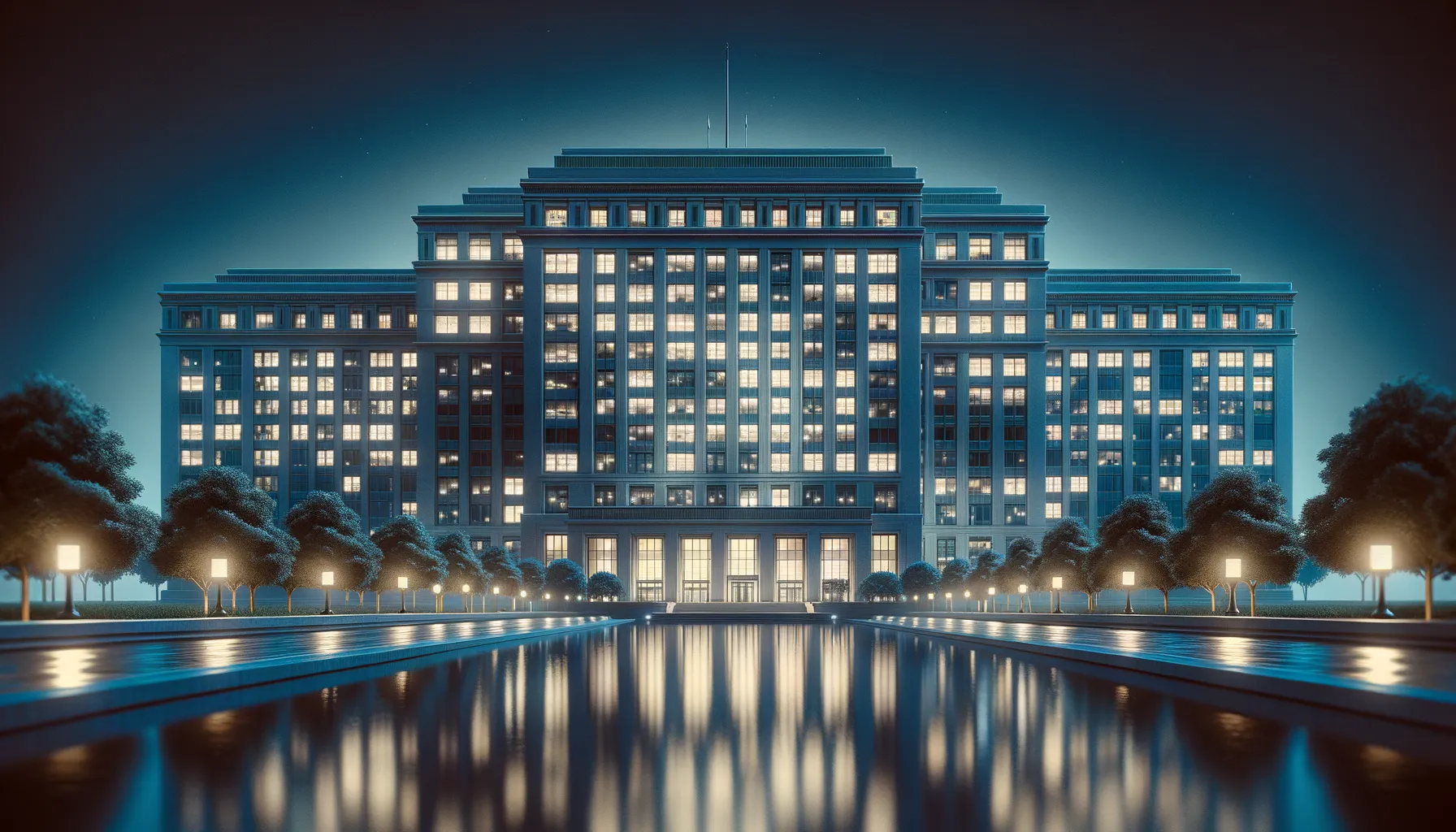 Government building at night with lit windows reflected in water, evoking surveillance and power