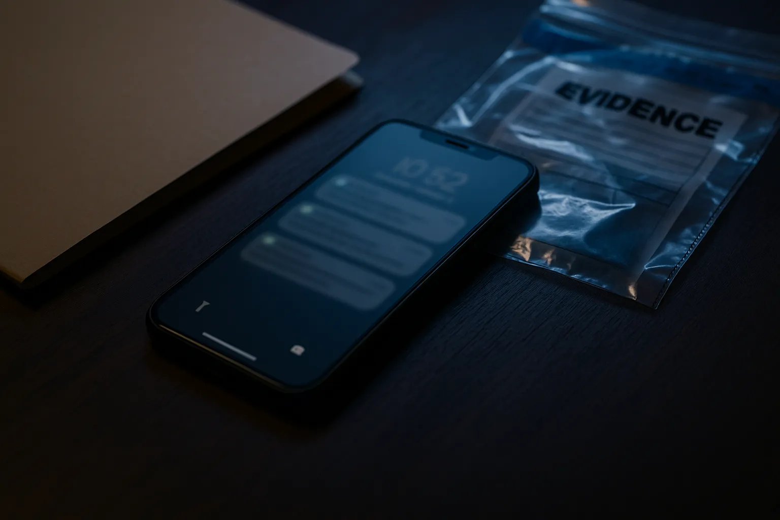 An iPhone lying on a table with a notification preview visible on the lock screen, symbolizing the persistence of message data in iOS notification storage