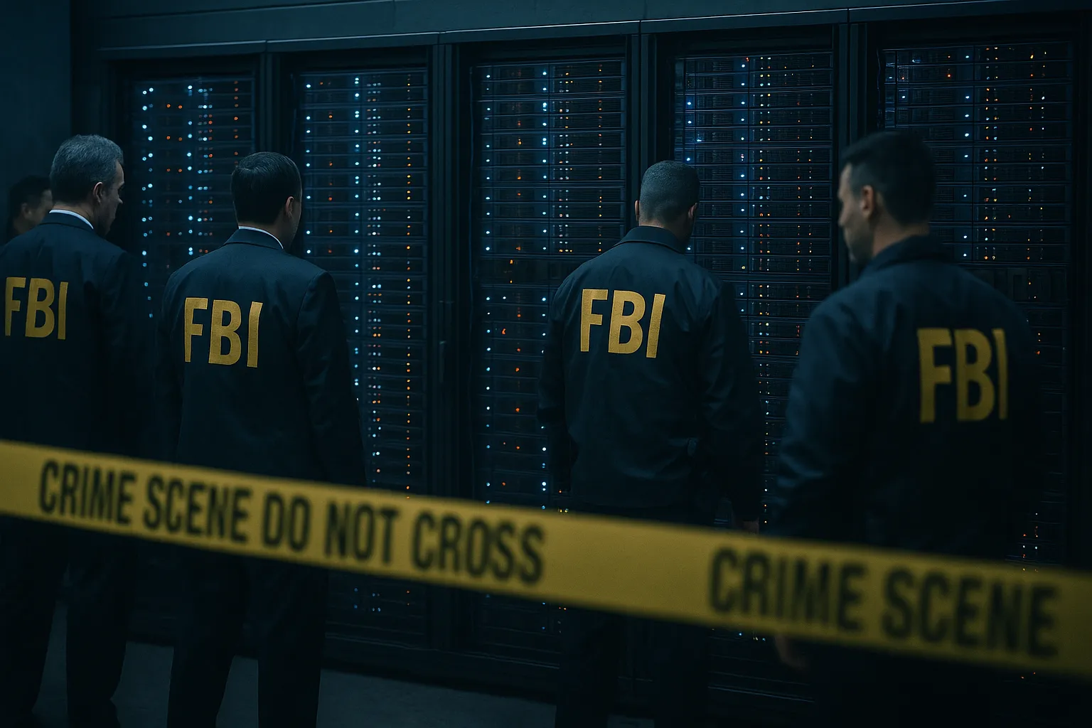 FBI agents in a server room with crime scene tape, seizing computer equipment with blinking lights