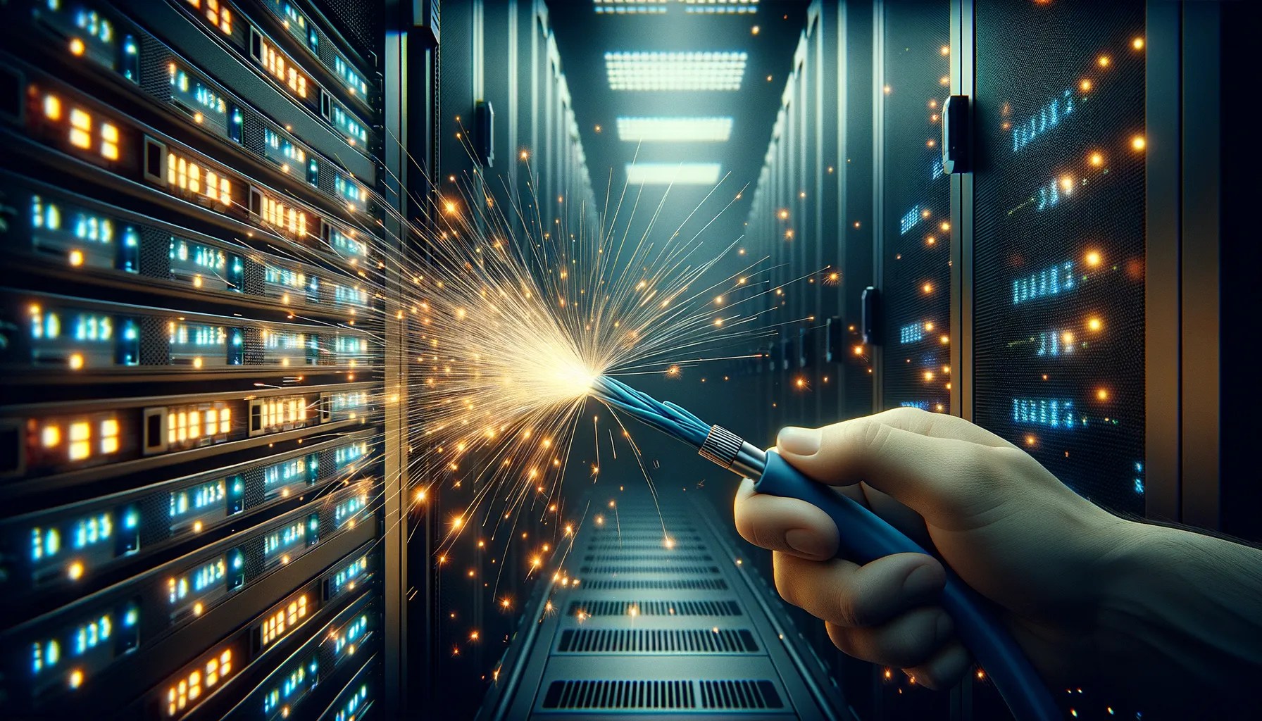 A severed fiber optic cable with sparks of light escaping from cut strands in a dimly lit server rack environment