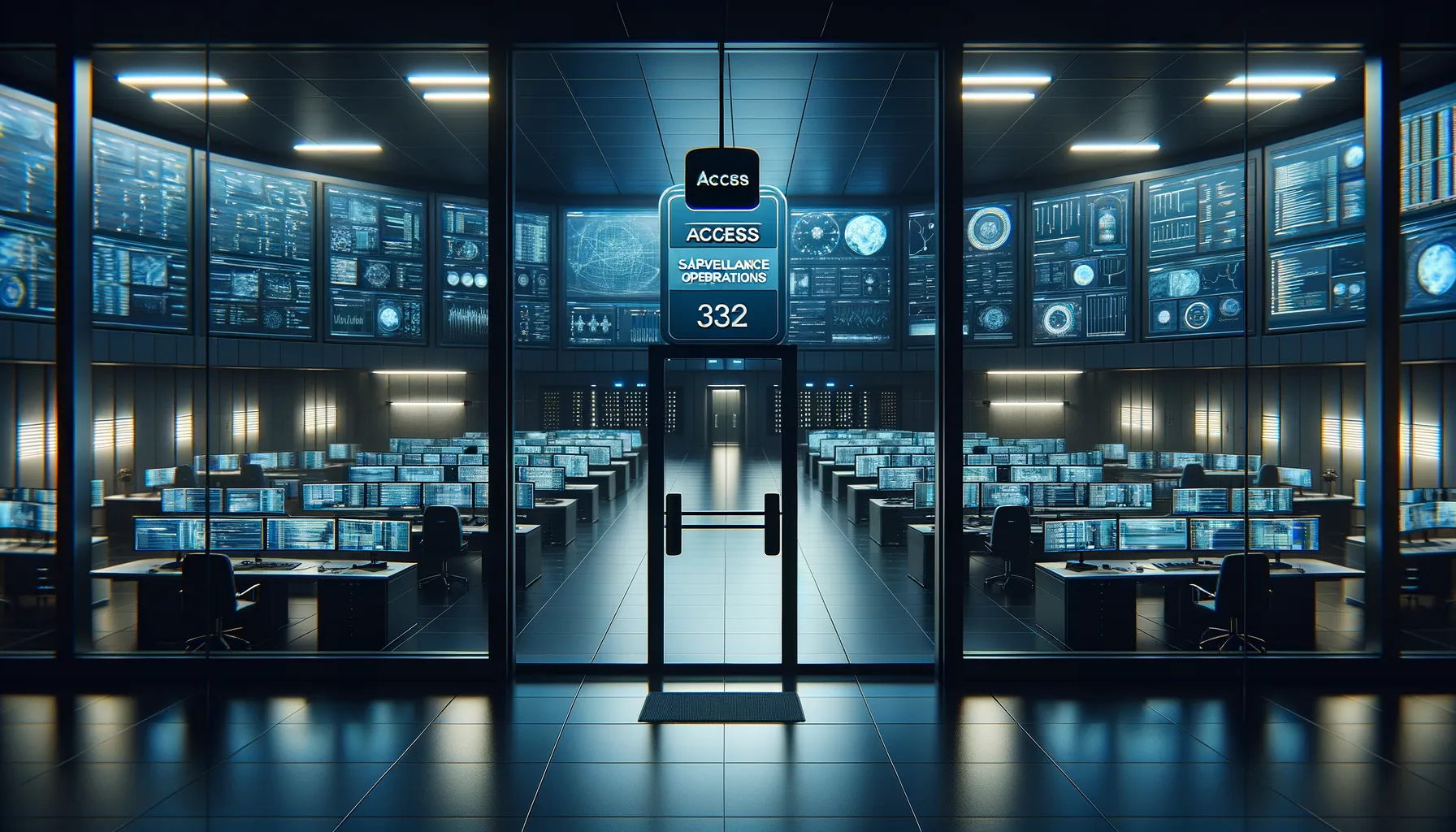 Government surveillance operations center with multiple screens viewed through a security window