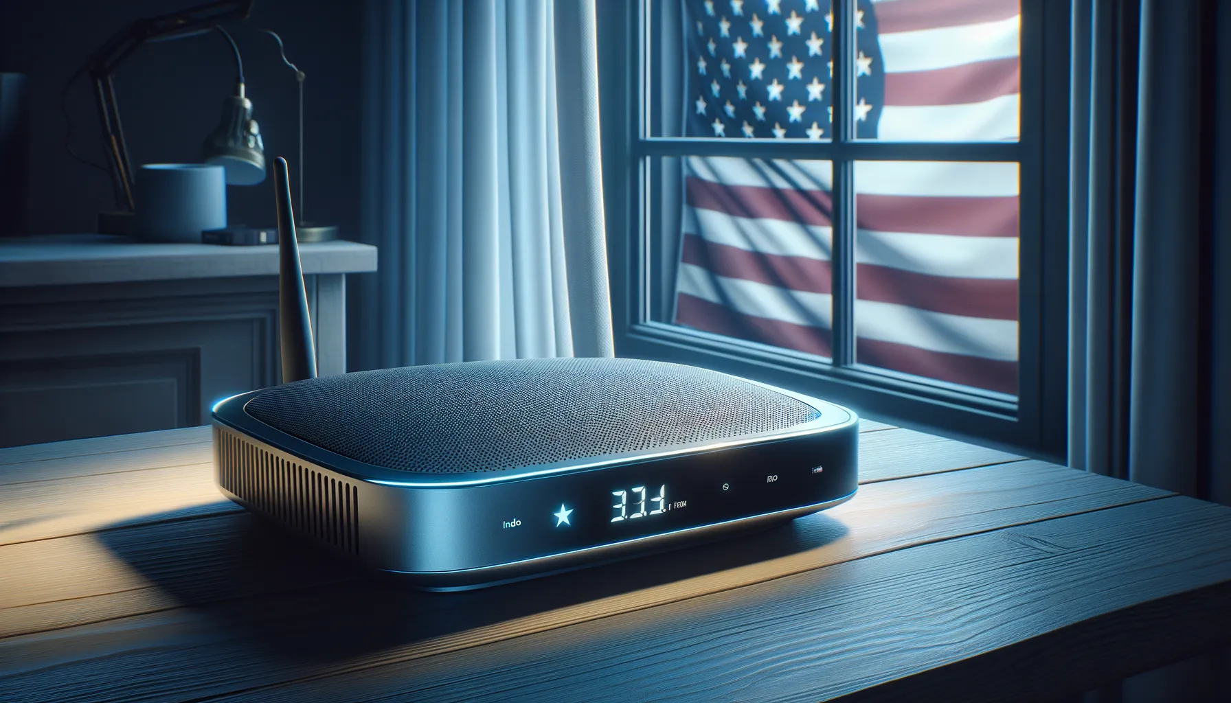 A modern consumer wifi router on a wooden surface with subtle American flag reflection in a window behind it